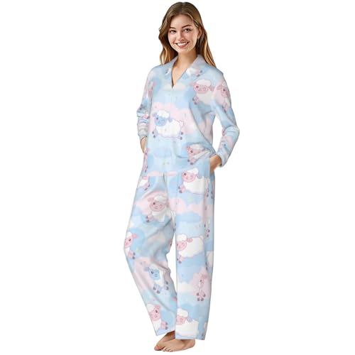 Image of Women'S Long Sleeve Pajama Set Soft Loungewear Button-Down Top & Elastic Waist Pants S- 2XL