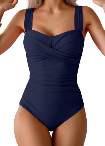 Image of CheChury Women One Piece Swimming Costume Tummy Control Slimming Swimwear Casual Cross Square Neck Bathing Suits Adjustable Wide Straps Ruched Vintage Modest Ladies Swimsuit,Navy Blue,S