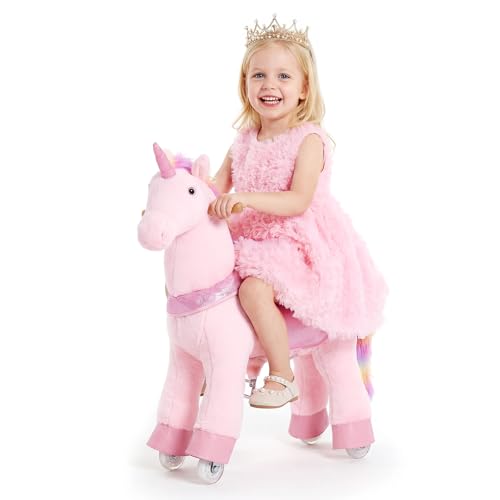VEVOR Licorne à Roulettes pour Enfants 3-8 ans, Licorne à Monter Fonctionnant sans Pile, Charge Max. 50 kg, Jouet en Peluche Rose avec Siège Rehaussé, Poignées, Pédales et Roues avec Anneau Anti-Recul