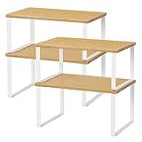 NEX Bamboo Kitchen Cabinet and Counter Shelf Organizer, Stackable & Expandable, Set of 4, White and Natural