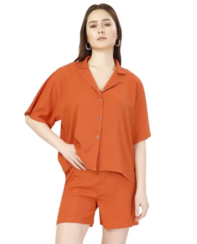 Image of Fashfun Women's Coord-Set (Solid Orange Crepe Collar Neck Shirt with Pant-Set of 2)
