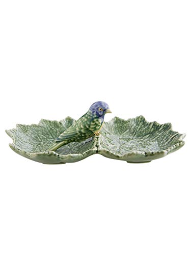 Bordallo Pinheiro Cinerária Plat à olives double feuille 22 cm avec oiseau bleu