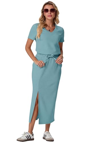 Image of GRECERELLE Women Summer Casual 2 Piece Sets V-Neck Wrinkle-Free Top & Elastic Waist Midi Side Slit Skirt with Pockets
