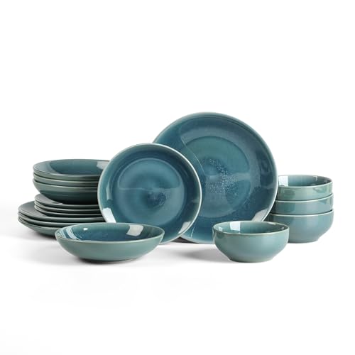 Image of Stone Lain Riley 16-Piece Dinnerware Set Stoneware, Plates and Bowls Set, Dishwasher and Microwave Safe, Dish Set for 4, Blue