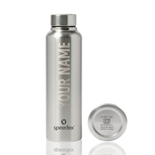 Image of Speedex Customised Engraved Name Stainless Steel Water Bottle 1 Ltr - Personalised Screw Cap Bottle for Kids, Men & Women, School, Office, Gym, Silver, Set of 1