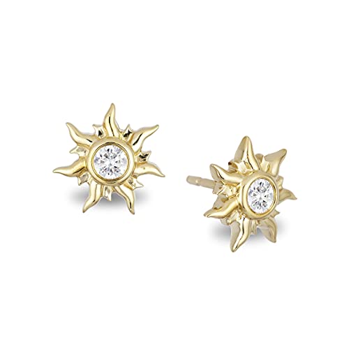 Jewelili Enchanted Disney Fine Jewelry Rapunzel Sun Blaze Earrings for Women | 10K Yellow Gold | 1/10 CTTW Natural White Round Diamonds | Push Back Studs | Princess Jewelry Gifts for Her