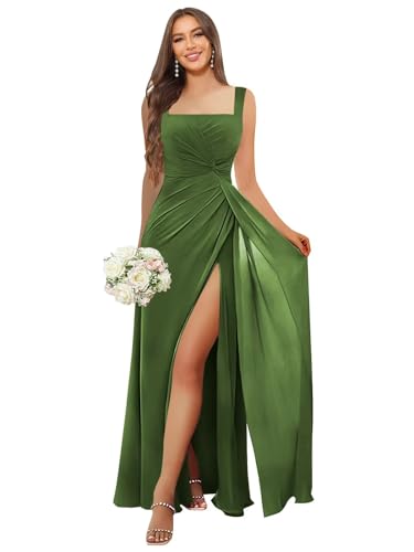 Image of HANVAIOS Square Neck Bridesmaid Dresses Long Chiffon Formal Maxi Dress with Slit