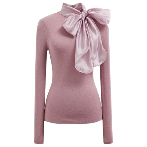 Image of CHICWISH Women Organza Bowknot Neck Knit Top Long Sleeve Elegant Slim Fitted Fall Casual Solid Pullover Tops