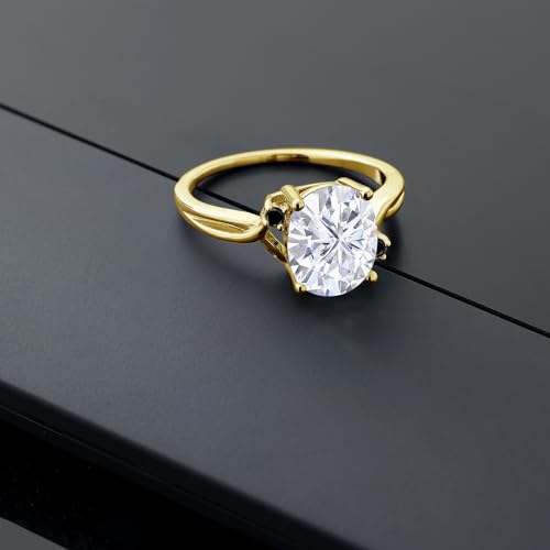 Gem Stone King 18K Yellow Gold Plated Silver White Moissanite and Black Diamond 3 Stone Ring For Women (3.03 Cttw, Oval 10X8MM, Gemstone Birthstone, Available In Size 5, 6, 7, 8, 9)4