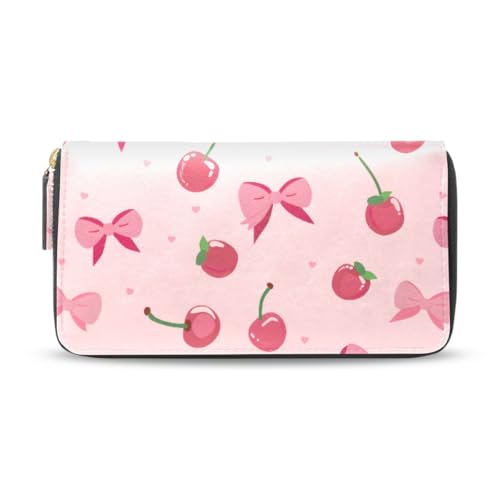 Long Wallets Leather Bifold Wallet for Women Pink Bows Cherries Pattern with Zipper Credit Card Holder Large Capacity