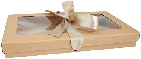 Emartbuy Pack of 12 Rectangle Shaped Presentation Gift Box, 21 cm x 12.5 cm x 2.5 cm, Brown Kraft Box with Clear Lid and Satin Ribbon