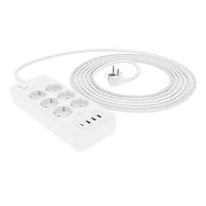 Amazon Basics - Rechteckig Mehrfachsteckdose, 6 Anschlüsse, 1 USB-C (20W), 3 USB-A (12W), 1050 J, 1,5 m geflochtenes Kabel, Weiß