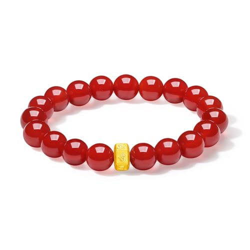 24K Yellow Gold Bracelet Red Agate Bracelets Six True Words Mantra Charm Beaded Bracelet Spiritual Chinese Jewelry for Couple Women Men Her Birthday Special Day