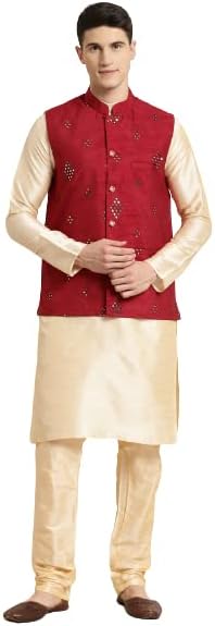 Sojanya (Since 1958 Men'S Silk Blend Kurta & Churidaar Pyjama With Mirror Work Nehrujacket