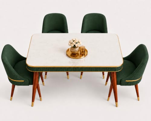 Image of WOODEN SPACE 4 Seater Wooden Dining Table Set | Urban Marble Top Dining Table with Chairs for Dining Room & Kitchen (Modern Grand Aura Dark Green) (54 x 36 x 30 inch)