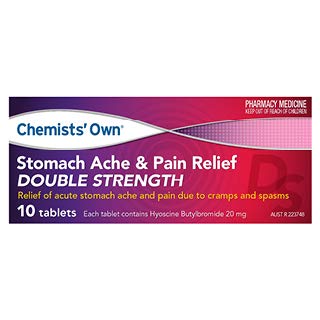 Chemists Own Stomach Ache & Pain Relief 20 mg Double Strength 10 Tabs (Generic of BUSCOPAN FORTE)