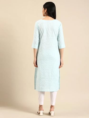 Image of SHOWOFFFF Women Woven Design Straight Ethnic Kurta | Round Neck 3 /4th Sleeves Cotton Kurta for Womens | Regular Fit Calf Length Kurta for Women's