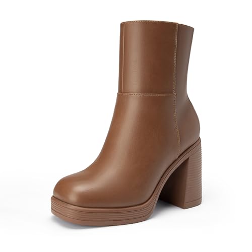Athlefit Women's Platform Ankle Boots High Chunky Block Heel Boots Square Toe Fashion Dress Heeled Booties Caramel Size 8.5