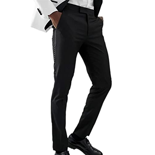 Black Men's Pants Side Satin Stripes Slim Fit Pants Wedding Party Fashion Outfit Black 30 #TOP26