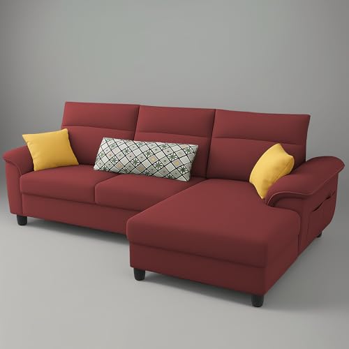Image of Casaliving Seams RHS 4 Seater L Shape Sofa for Living Room (Maroon Fabric) Premium Fabric Sofa