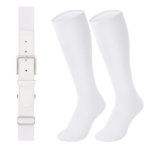LEACOOLKEY Baseball Belt and Socks Combo Set Softball Socks and Elastic Belt for Adult Men Women White