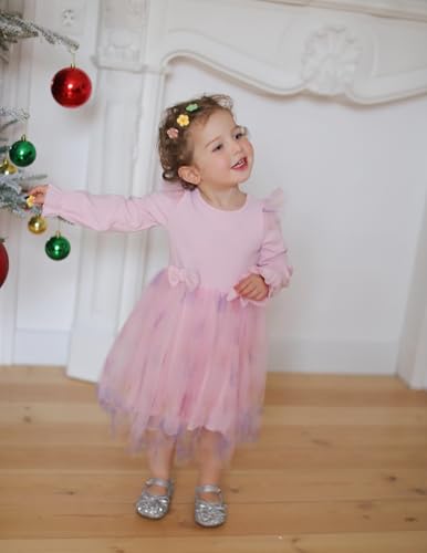 Image of Arshiner Toddler Girls Tulle Dresses with Bow Tie Fall Winter Long Sleeve Formal Party Dress 1-7 Y