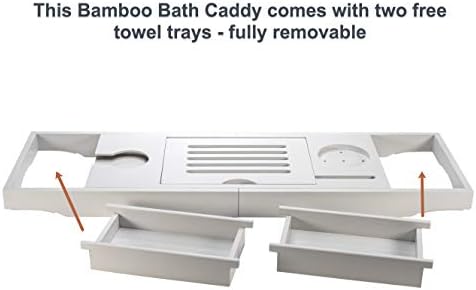 CORAZON HOME Luxury Grey Bamboo Bath Tray - Wooden Bath Caddy in Cool Grey with Ipad/Tablet Holder - Phone Holder and Wine Glass slot - Candle/Glass Holder - Bath Shelf - Perfect Bathroom Accessories