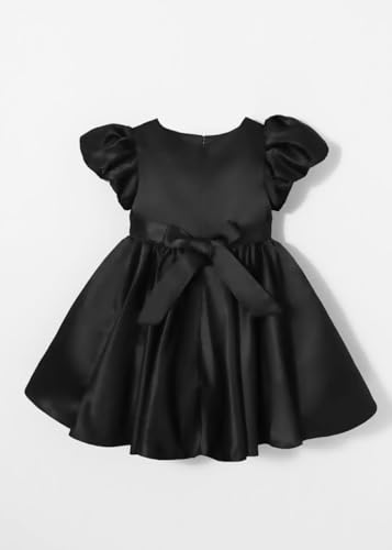 Image of Buy & Try Girls Satin Rose Flowered Frock Dress, Puff Sleeves, Knee Length Elegant Occasion Outfit