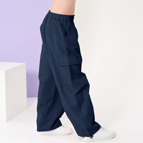 Image of Rolanko Girls Cargo Pants Wide Leg Streetwear Kids Pants with Pockets Trendy Jogger Trousers 4-14 Years