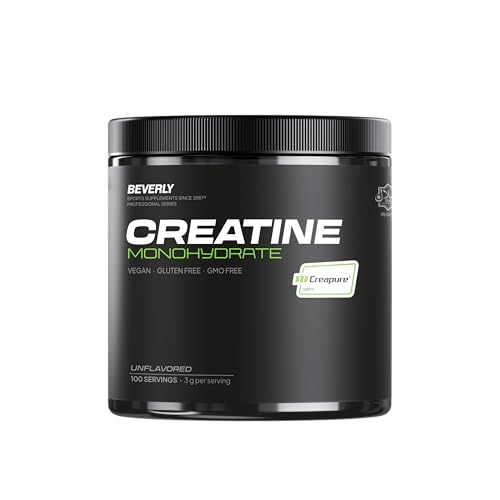 Beverly Creatina Monohidrato Creapure® 300g (100 dosis) – Micronizada, Alta Pureza Alemana, Sin Aditivos, Vegana – Aumenta Rendimiento y Fuerza en Entrenamientos Intensos - Sin Sabor