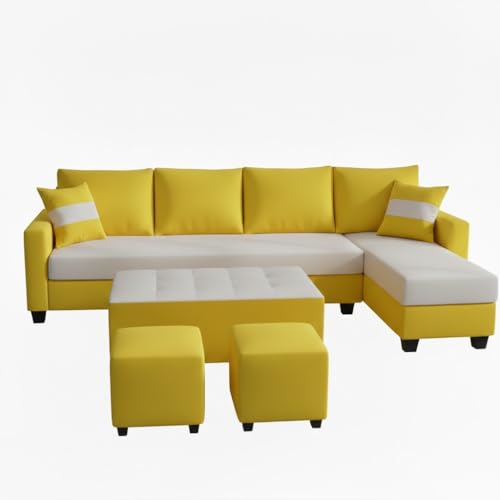 Image of CASASTYLE Adonway 8 Seater Fabric RHS L Shape Sofa Set (Light Grey-Yellow) Premium Velvet Finish | Ideal for Living Rooms