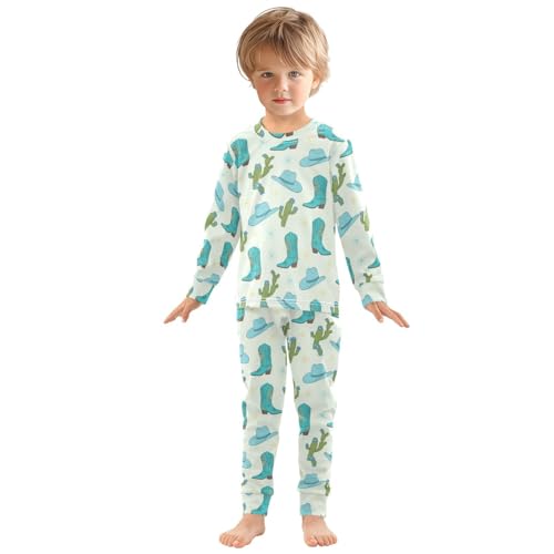 Pajama Sets Long Sleeve Blue Cowboy Boots Hats Cactus Soft Comfy Sleepwear 2 Piece PJS 3-8T2