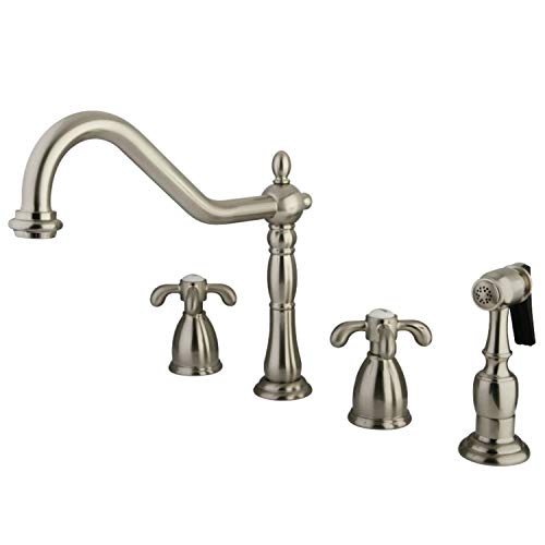 Kingston Brass KB1798TXBS French Country Widespread Kitchen Faucet with Brass Sprayer, Brushed Nickel