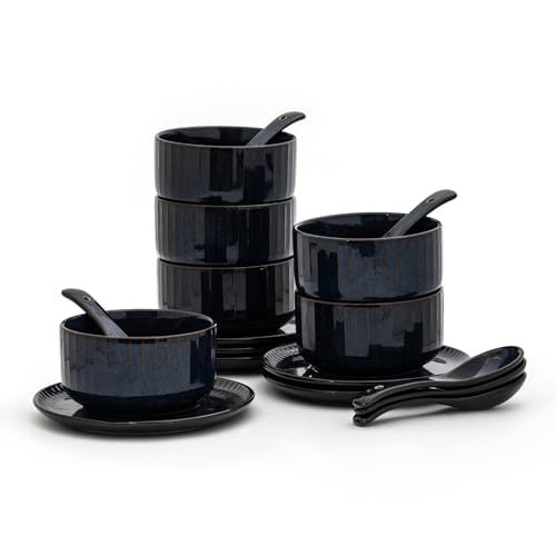 Image of Clay Craft Fine Ceramic 18-Piece Soup Bowl Set | 6 Soup Bowls, 6 Spoons & 6 Under Plates | Striped Glossy Design | 350 Ml | Microwave & Dishwasher Safe | for Serving Soup & Snacks | Midnight Blue