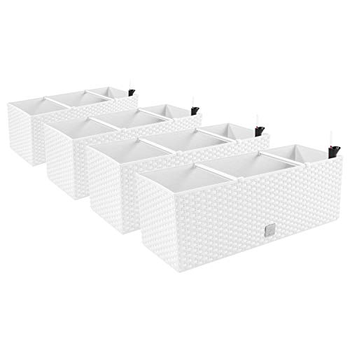 4in1 Set 4X Jardinière Balcon Jardinière Aspect Rotin 4 Couleurs Pot Indicateur de Niveau d'eau (Blanc) Cover