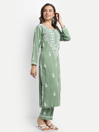 Image of BHARVITA Women's Cotton Blend Lucknowi Embroidered Chikankari Straight Kurta, with Pant Set