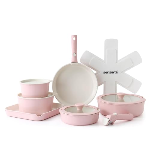 SENSARTE Set de Casseroles et Poêles 17 Pièces - Revêtement Céramique Antiadhésif Sans PFAS - Batterie de Cuisine pour Induction/Gaz, Poignées Amovibles, Empilable et Lavable Lave-Vaisselle