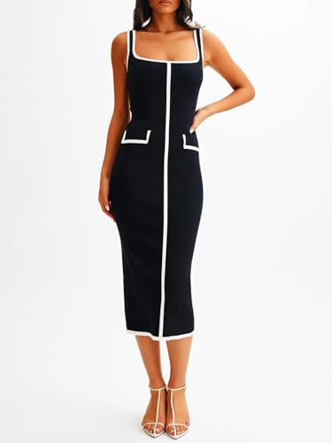 Saodimallsu Womens Summer Sleeveless Midi Dress Square Neck Knit Cocktail Bodycon Color Block Tank Dresses2