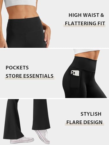 Glacspyg Damen Hose mit Taschen Yogahose Freizeit Jogginghose High Waist Sporthose Elastische Weite Bootcut Jazzpants Schwarz 2XL