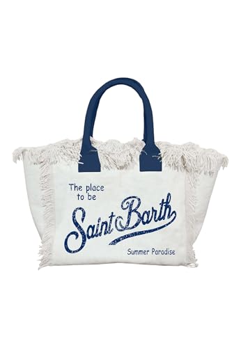 Saint Barth MC2 Borsa Colette in Canvas di Cotone Beige con Logo Blu Dimensioni: 30 x 22 x 15 cm