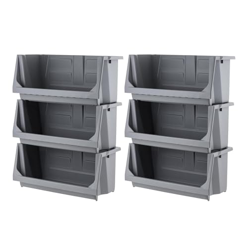 Image of IRIS USA 6 Pack Open Front Storage Bins, Jumbo Heavy Duty Stackable Garage Storage Bins with Handles, Interlocking Design, Dark Gray
