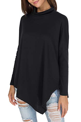 levaca Womens Long Batwing Sleeve Turtleneck Hankerchief Hem Loose Tunic Black M