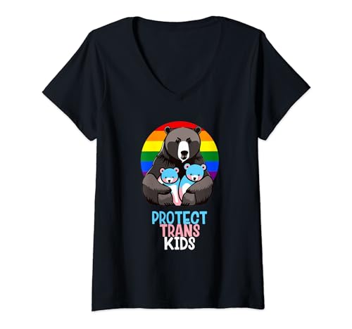 Mujer Protect Trans Kids Mama Bear, aliada LGBTQ, bandera del orgullo Camiseta Cuello V