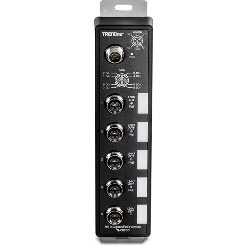 Image of TRENDnet 5-Port Industrial EN50155 M12 Gigabit PoE+ Railway Switch, TI-XPG50, 4 x M12 (X-Code) Gigabit PoE+ Ports, 1 x M12 (X-Code) Gigabit Port, 1 x M12 (A-Code) Power Port, Black