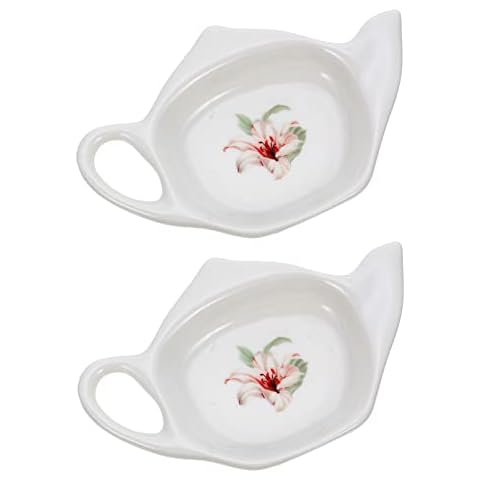 Housoutil 2 x Teebeutelhalter in Teekannenform, Teebeutel-Untersetzer, Blumenmuster, Keramik-Löffelablagen, klassische Teezeit-Untertasse, Gewürzschale für Zuhause, Küche, weißes Porzellan Cover
