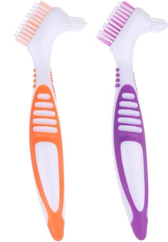 Cepillo para Dentadura Kit de limpieza de dentaduras,postizas Cepillo De Dientes Doble,cepillo ortodoncia,Mango Ergonómico Antideslizante (Naranja y morado)