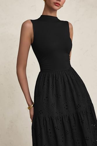 Image of PRETTYGARDEN Summer Dresses for Women 2026 Casual Eyelet Sleeveless Wedding Guest Maxi Dress Tank Top Sundress with Pockets