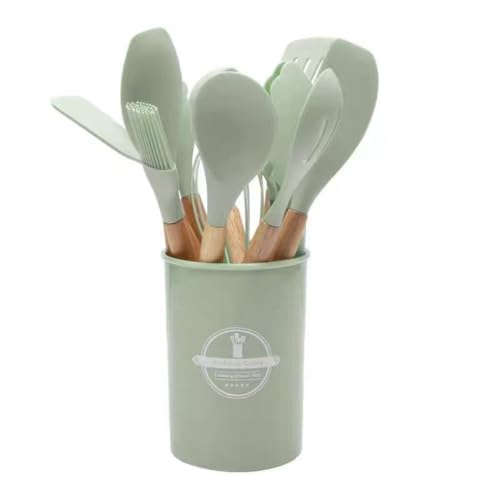 MLTUN MAKAN キッチン用品 シリコン製調理器具 キッチンツールセット 耐熱性 シリコン製 木製ハンドル 調理用ヘラ スプーン ブラシ 卵泡立て器 収納ボックス付き 調理用ノンスティック鍋 収納バケツ 木製ハンドル シリコン製キッチン用品 (淡い緑