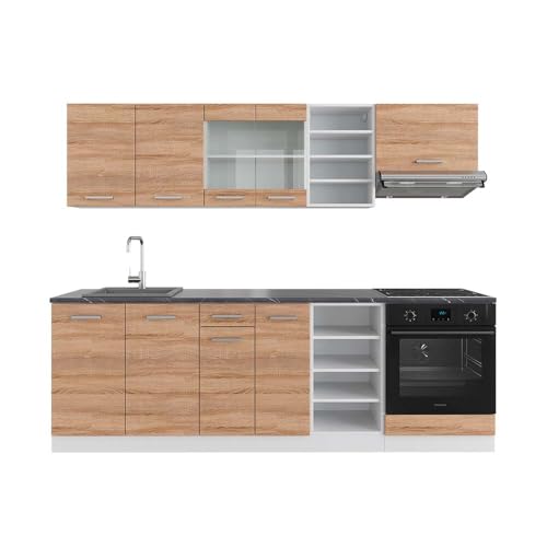 Vicco Küchenzeile R-Line, Küchenblock, Sonoma/Weiß/Weiß, 240 cm, AP Anthrazit