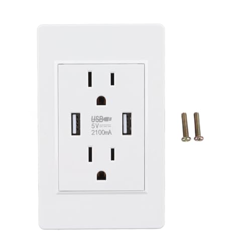 Fafeicy USB Charger Wall Outlet with 2 USB Ports, 2 AC Outlets, 5V 2100mA, White, Plastic, 4.7x3.1x1.6 Inch